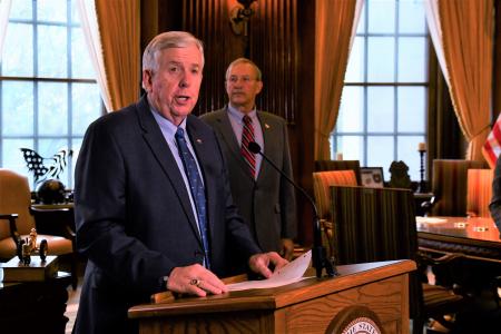 Governor Parson gives a press conference on youth vaping. Governor Parson stands behind podium in Missouri's Governor's Office.
